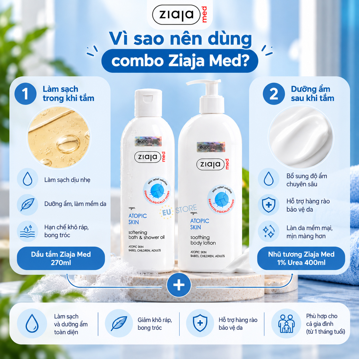 Combo Chăm Sóc Da Cơ Địa Ziaja Med – Dầu Tắm 270ml + Nhũ Tương 1% Urea 400ml Combo Chăm Sóc Da Cơ Địa Ziaja Med – Dầu Tắm 270ml + Nhũ Tương 1% Urea 400ml