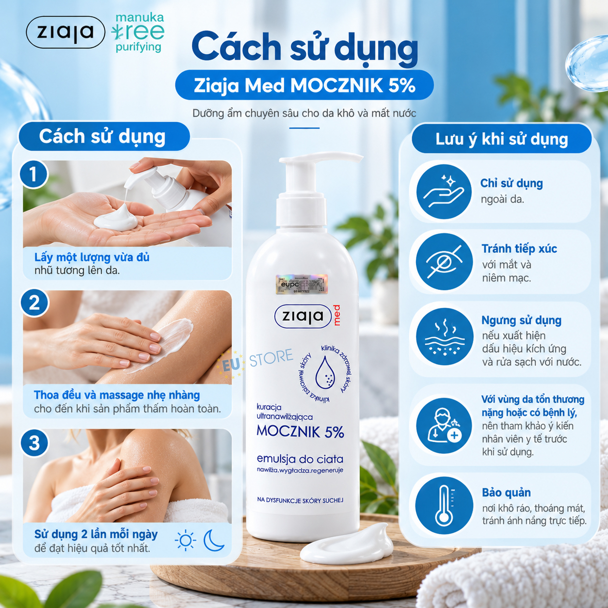 Cách sử dụng Nhũ tương dưỡng ẩm chuyên sâu Ziaja Med MOCZNIK 5% Urea 400ml Cách sử dụng Nhũ tương dưỡng ẩm chuyên sâu Ziaja Med MOCZNIK 5% Urea 400ml