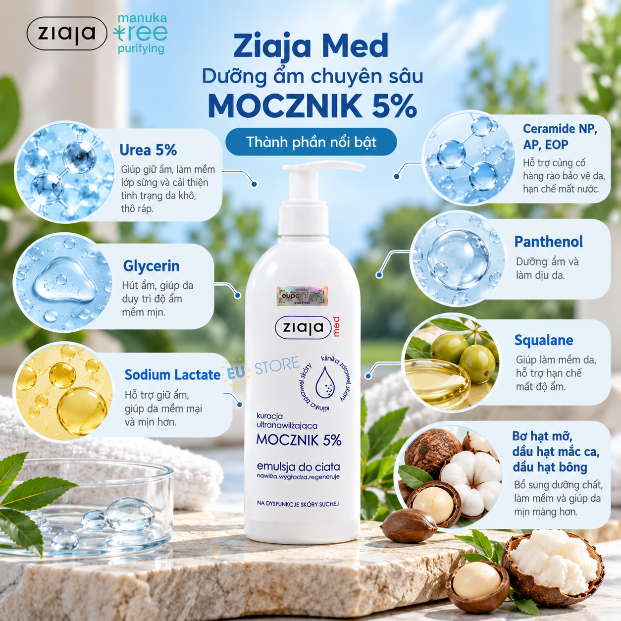Công dụng của Nhũ tương dưỡng ẩm chuyên sâu Ziaja Med MOCZNIK 5% Urea 400ml Thành phần của Nhũ tương dưỡng ẩm chuyên sâu Ziaja Med MOCZNIK 5% Urea 400ml