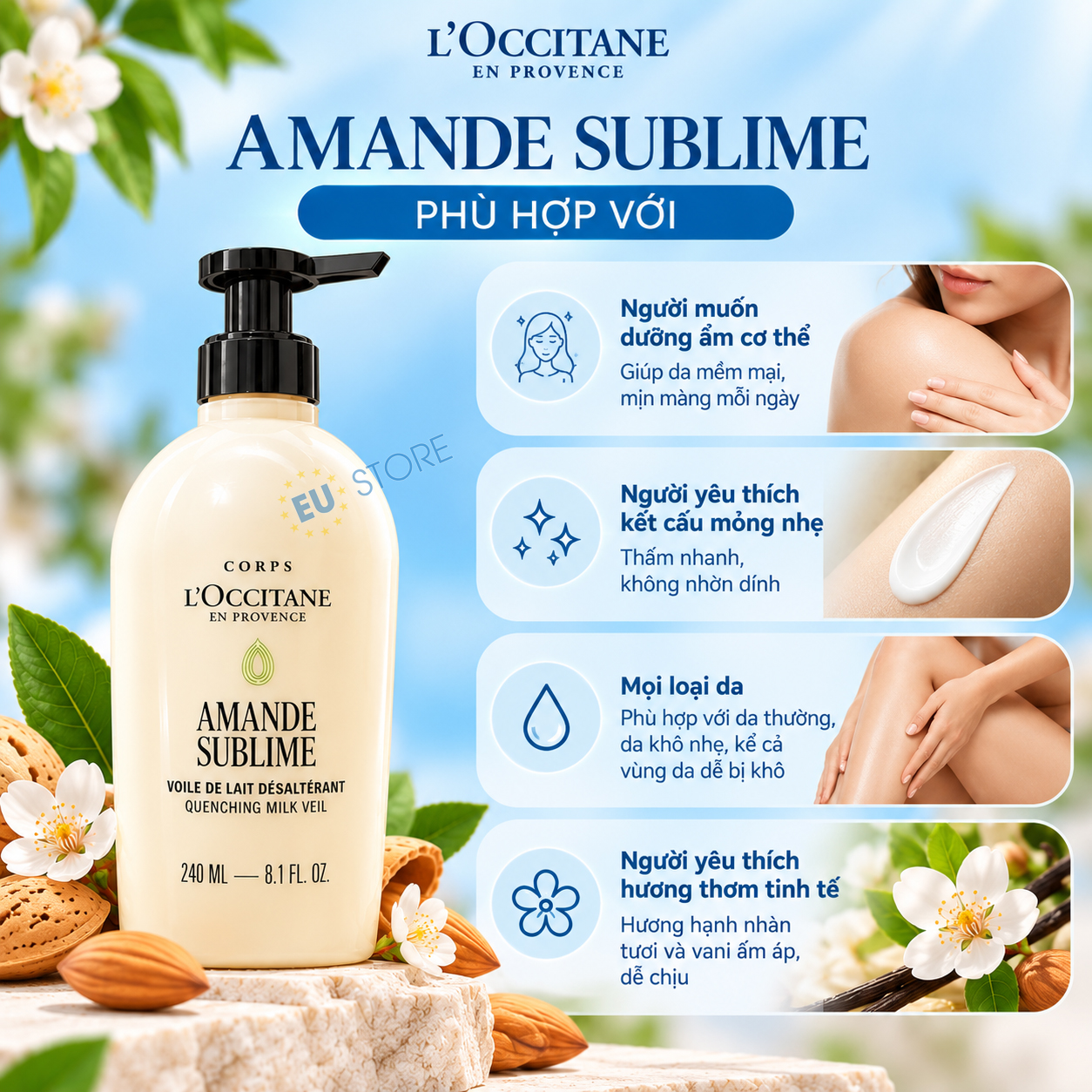 Sữa dưỡng thể hạnh nhân L’Occitane Amande Sublime Quenching Milk Veil 240ml phù hợp với Sữa dưỡng thể hạnh nhân L’Occitane Amande Sublime Quenching Milk Veil 240ml phù hợp với