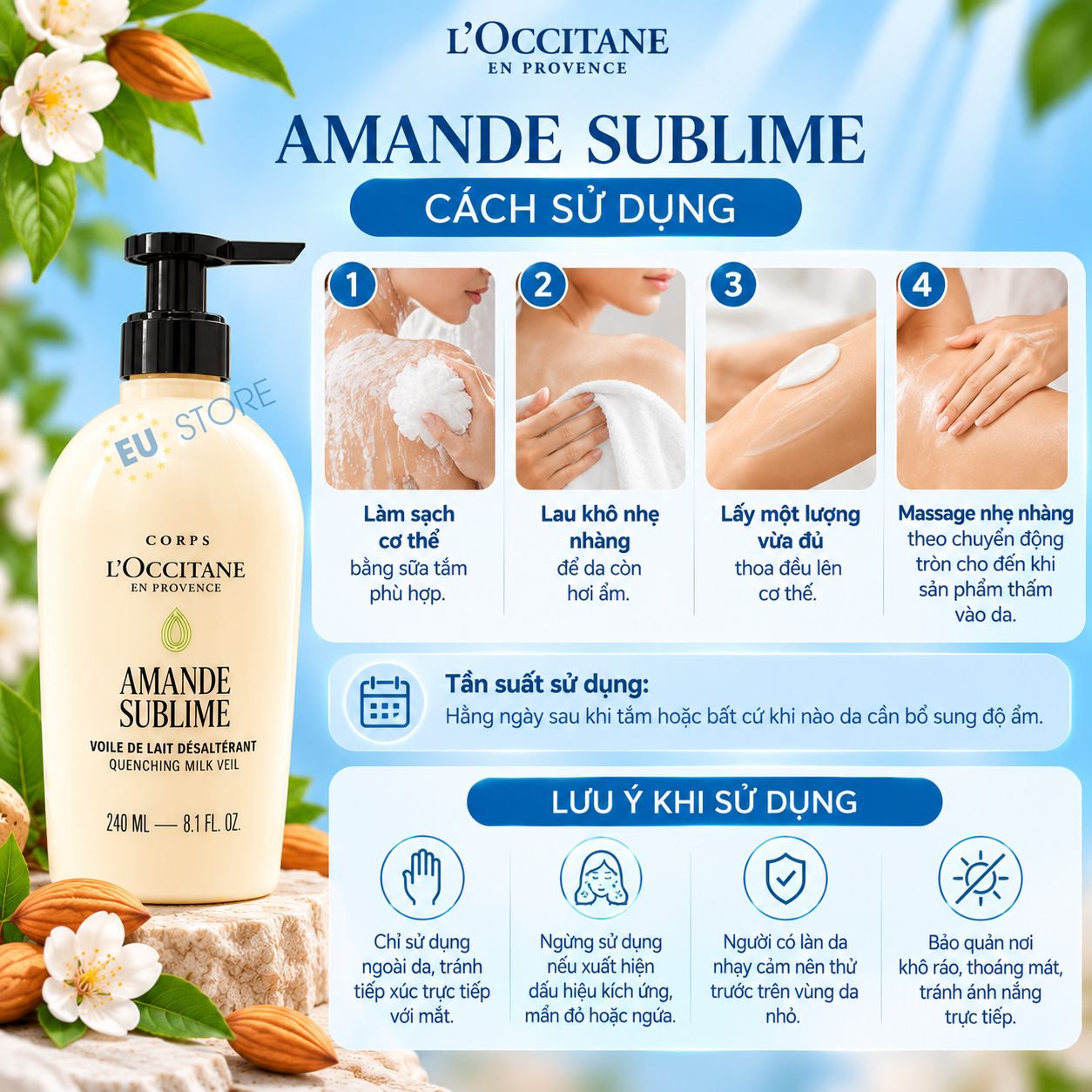 Cách sử dụng Sữa dưỡng thể hạnh nhân L’Occitane Amande Sublime Quenching Milk Veil 240ml Cách sử dụng Sữa dưỡng thể hạnh nhân L’Occitane Amande Sublime Quenching Milk Veil 240ml