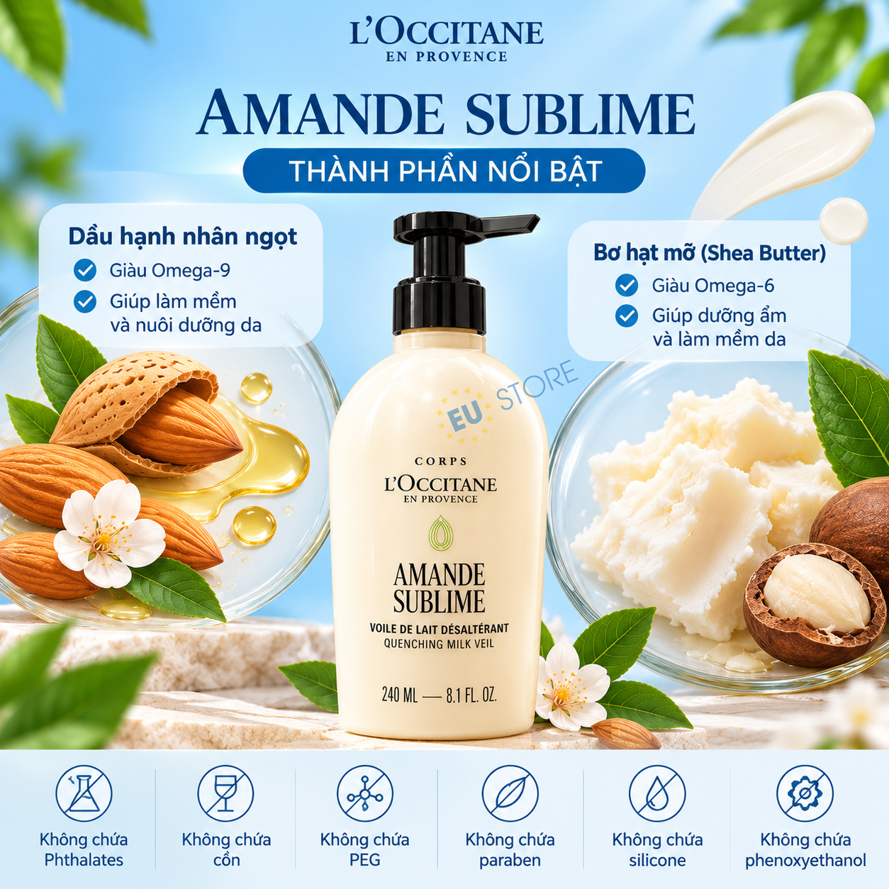 Thành phần của Sữa dưỡng thể hạnh nhân L’Occitane Amande Sublime Quenching Milk Veil 240ml Thành phần của Sữa dưỡng thể hạnh nhân L’Occitane Amande Sublime Quenching Milk Veil 240ml