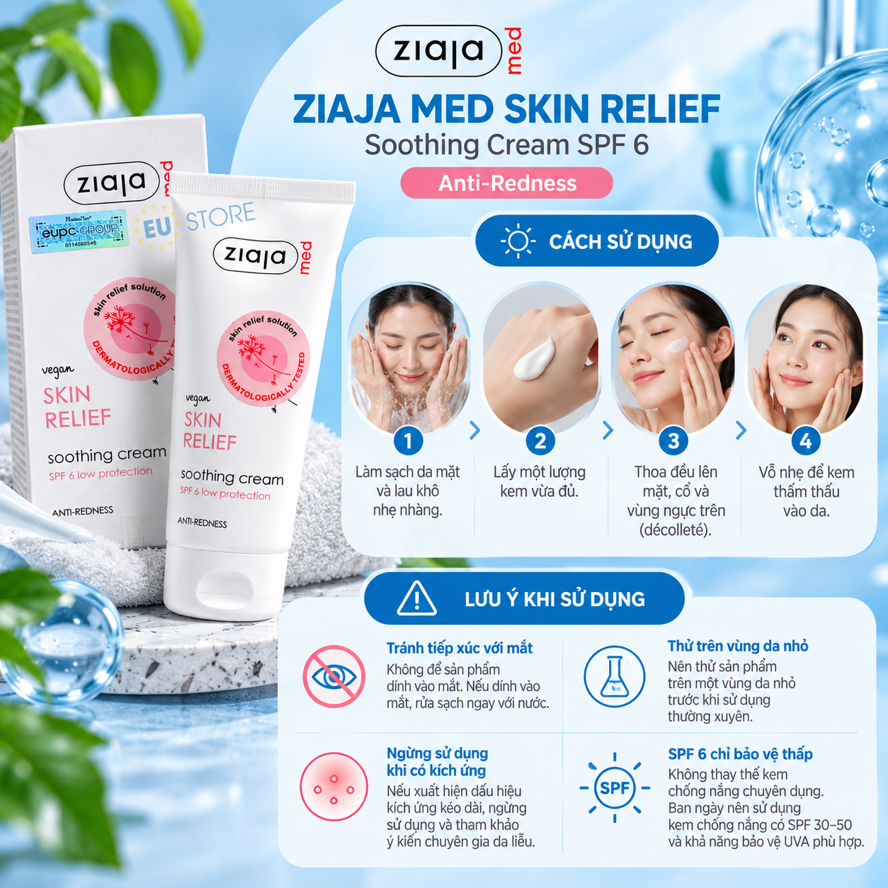 Cách sử dụng Kem dưỡng dịu da, giảm mẩn đỏ Ziaja Med Skin Relief Soothing Cream SPF 6 50ml Cách sử dụng Kem dưỡng dịu da, giảm mẩn đỏ Ziaja Med Skin Relief Soothing Cream SPF 6 50ml
