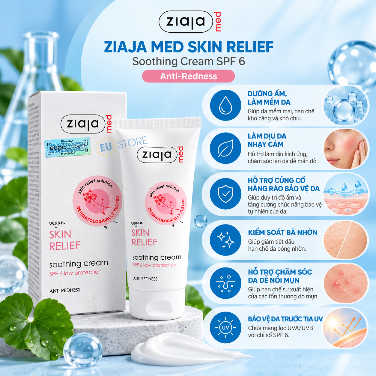 Công dụng của Kem dưỡng dịu da, giảm mẩn đỏ Ziaja Med Skin Relief Soothing Cream SPF 6 50ml Công dụng của Kem dưỡng dịu da, giảm mẩn đỏ Ziaja Med Skin Relief Soothing Cream SPF 6 50ml